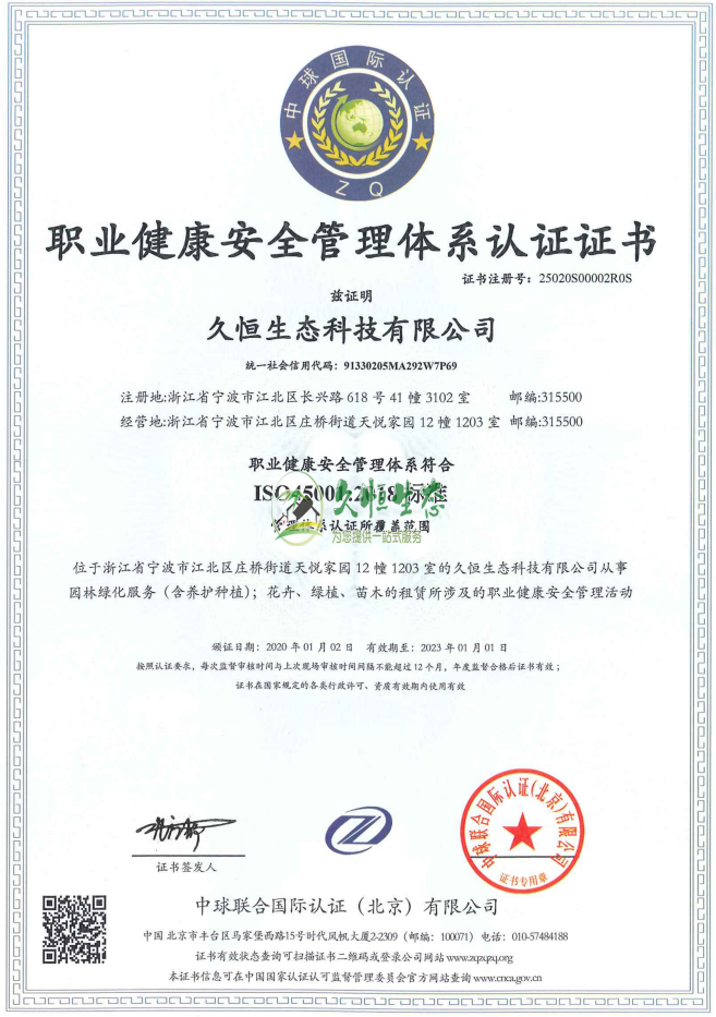 江岸职业健康安全管理体系ISO45001证书